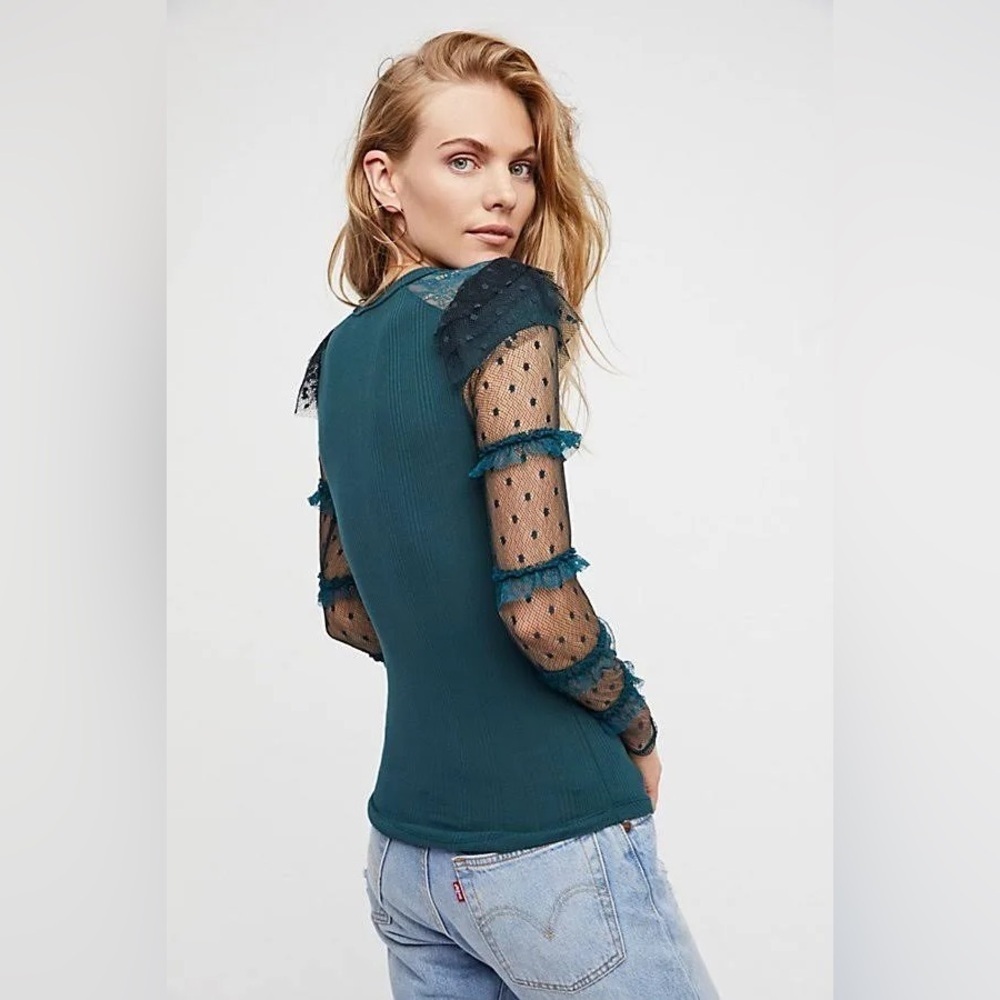 Free People Kiss Kiss Ruffle lace turquoise lace LS top XS Boho Whimsygoth